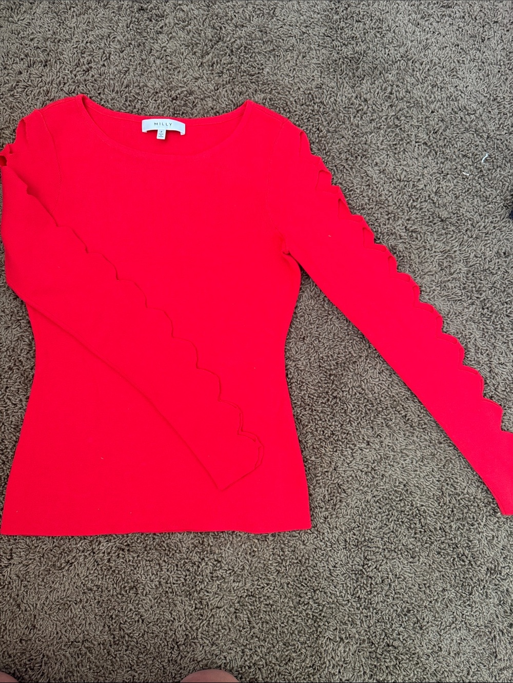 Milly Bright Red Scallop-Edge Long Sleeve Top